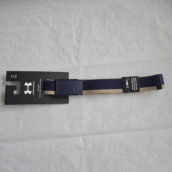 Under Armour Golf Webbing Belt Men One Size Fits Most Logo Buckle Blue Tan NEW - Picture 1 of 4